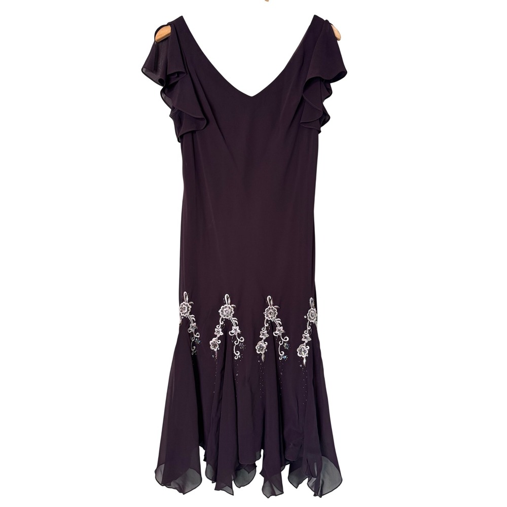 SL Fashions Brown Beaded Floral Chiffon Flutter Sleeve Gown Dress 10 G1112